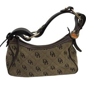 Dooney & Bourke Brown Canvas Leather Trim DB Printed Zipper Hobo Shoulder Bag